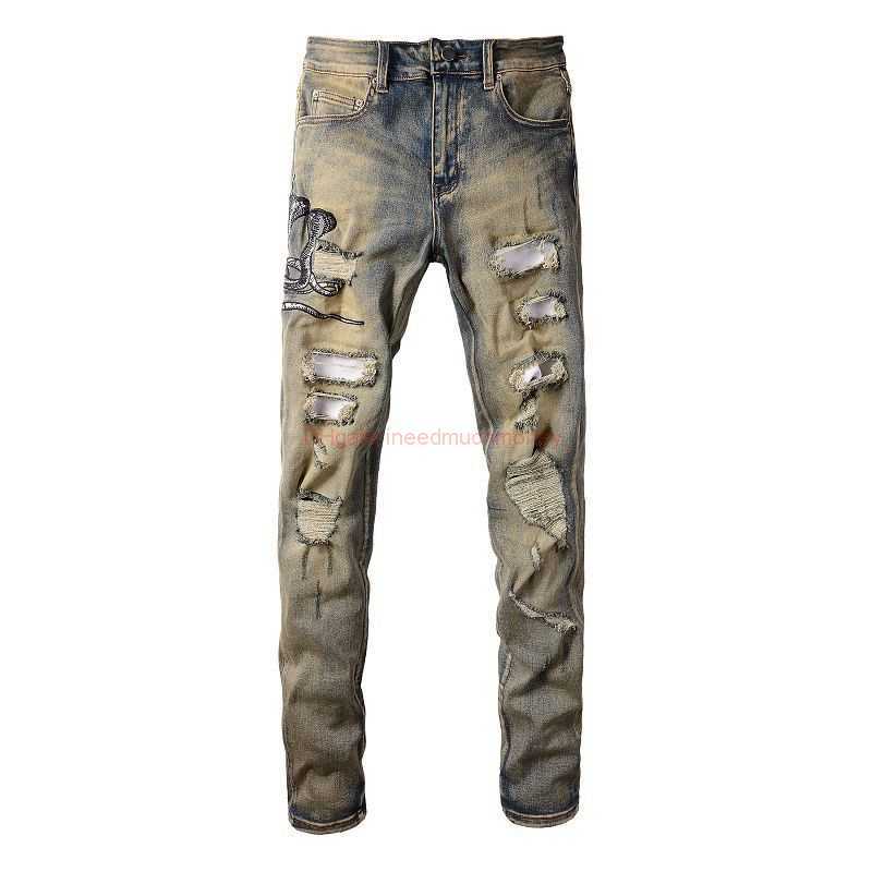 

Designer Clothing Amires Jeans Denim Pants Amies Tide Brand High Street Yellow Mud Dirty Wash Water Made of Old Cobra Embroidery Hole Slim Fit Small Feet Denim Pants Bo, Picture color