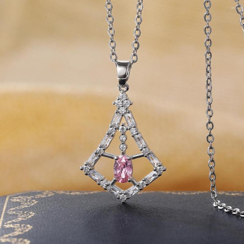 

Pendant Necklaces 2023 Est High Quality Fan Necklace For Women Oval Pink Cubic Zirconia Aesthetic Wedding Jewelry Accessories