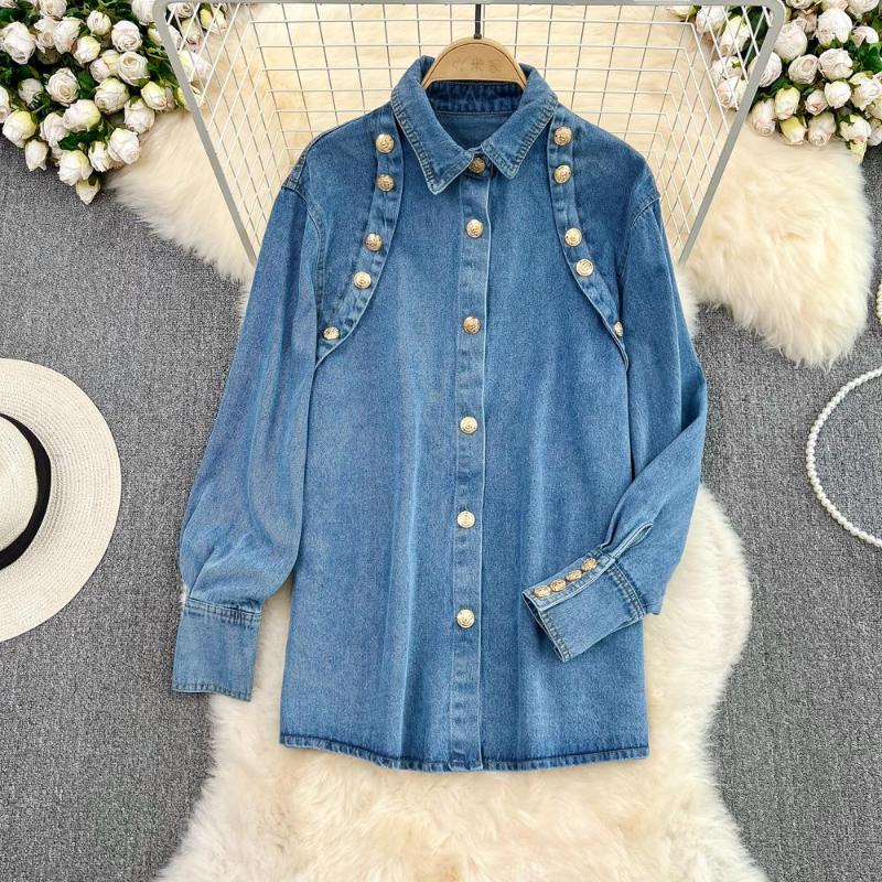 

Women' Blouses KE LA Metal Buttoned Denim Shirt Woman 2023 Korean Design Long Sleeve Loose Casual, Blue