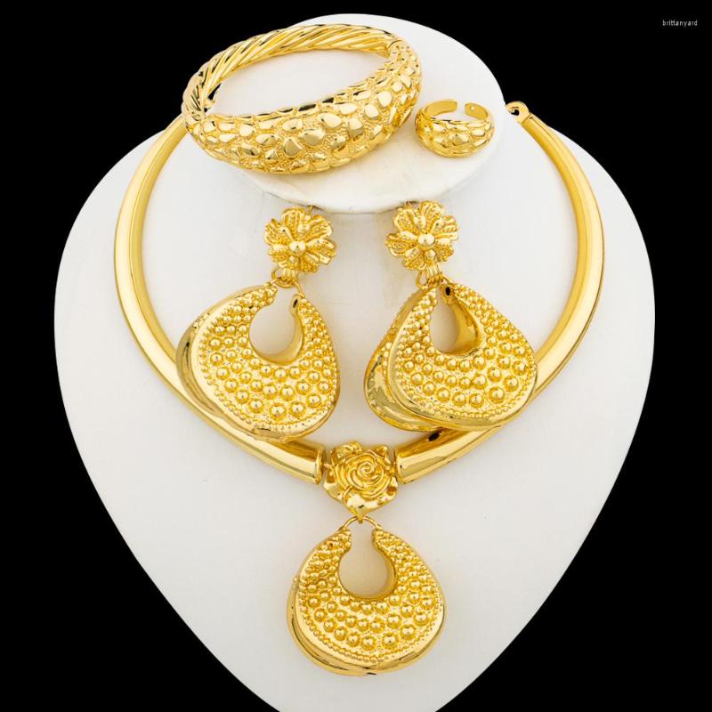 

Necklace Earrings Set Dubai Golden Color Jewelry Weddings Bridal Dangle And Pendant Bangle Ring Accessories For Party, Picture shown