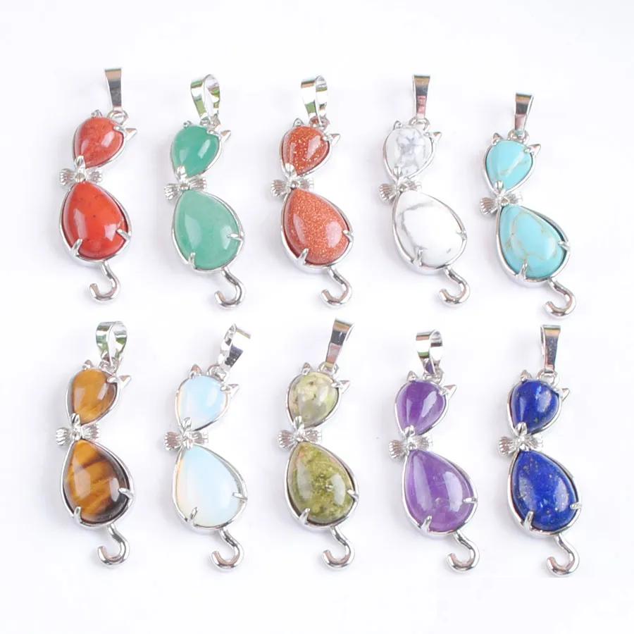 

Pendant Necklaces Yowost Natural Gemstones Cat Animal Pendants Teardrop Healing Pink Quartz Lapis Lazi Tiger Eye Crystal Lovely Wome Dhaxn