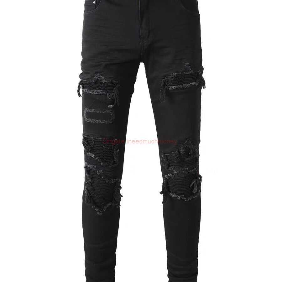 

Designer Clothing Amires Jeans Denim Pants Amies Trendy High Street Youth Elastic Slim Fit Jeans Black Cat Beard False Hole Small Feet Pants American High End Fashion, Beige