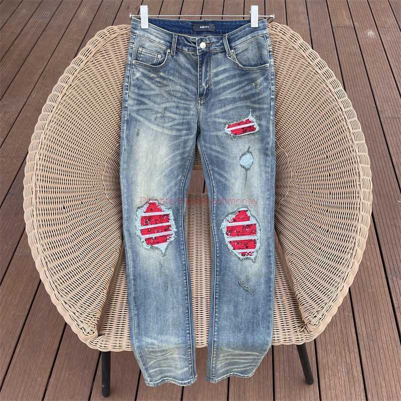 

Designer Clothing Amires Jeans Denim Pants Fashion Man Amies New 23ss Hole Red Patchwork Mx2 High Street Knife Cut Slim Skinny Jeans Man Distressed Ripped Skinny Moto, Light blue