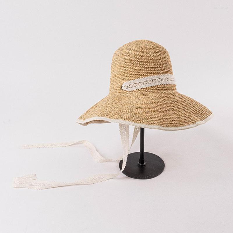 

Wide Brim Hats 202303-HH5192 Summer Holiday Lace Ribbon Shade Handmade Raffia Grass Lady Sun Cap Women Leisure Hat, White