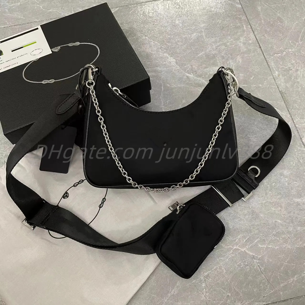 

Re-Edition three-piece set 2005 Nylon bag womens men Shoulder Bags Classic cleo designer Hobo handbags wallet crossbody purse with coin Clutch bag tote, White+gold chain