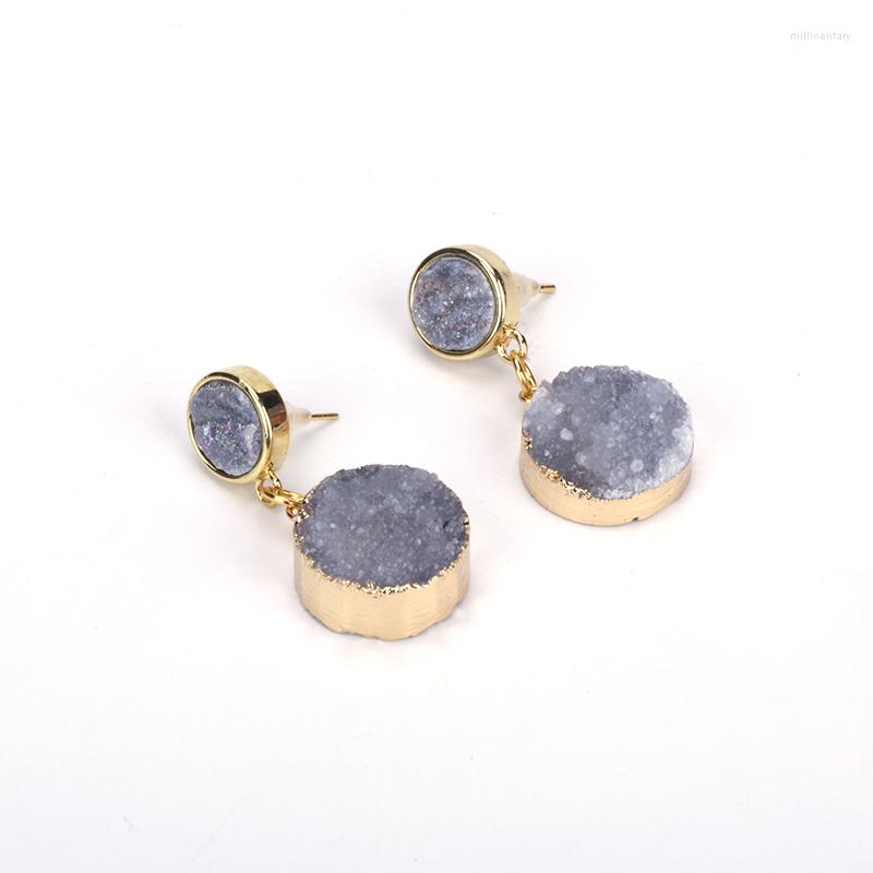 

Dangle Earrings Natural Grey Druzy Semi Precious Stone With Pure Gold Color Frame Pendant Charm Studs Top For Women Brincos