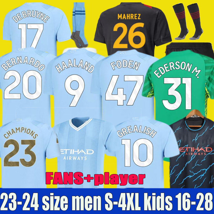 

new 22 23 24 HAALAND SOCCER JERSEYS GREALISH manchesters MANS CITIES MAHREZ fans player BERNARDO DE BRUYNE FODEN GK 2024 2023 football tops shirt kids kit sets uniform, 23-24 home +patch