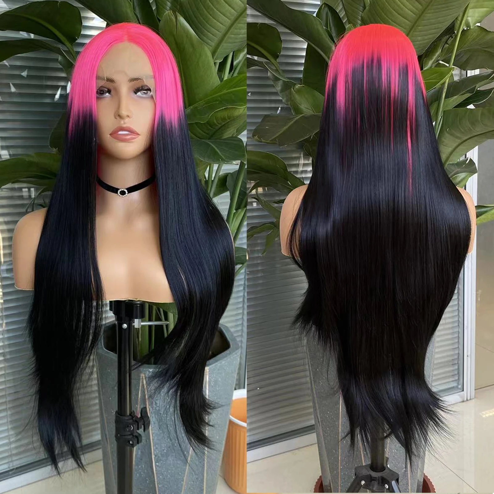 

Ombre Synthetic Lace Front Wig for Women Glueless Platinum Black Wig Synthetic Daily Use Cosplay Costume Party Wig, As pic