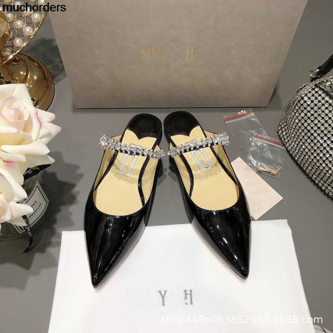 

J Family Pointed Starry Sky Water Diamond Muller Shoes 2023 Spring Summer Shallow Mouth Back Empty Lacquer Leather Single Shoes Flat Sandals Women's Shoes, Black