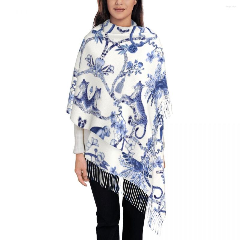 

Scarves Playful Menagerie Blue And White Chinoiseire Pattern Scarf Women Luxury Winter Fall Shawl Wraps Porcelain Tassel