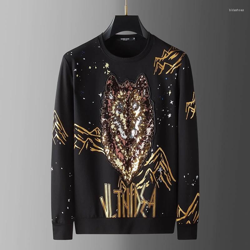 

Men's Hoodies High-end Wolf European Head Heavy Industry Embroidery Sequin Sweater Men's Autumn And Winter Luxury Trend Long Sleeved Top, Black