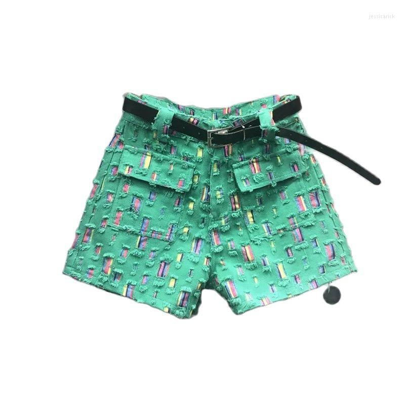 

Women' Shorts Fashion Hole Colour Patch Cowboy 2023 Summer Style Be All-Match High-Waisted Slim A-Shaped Wide-Leg Pants Tide, Green