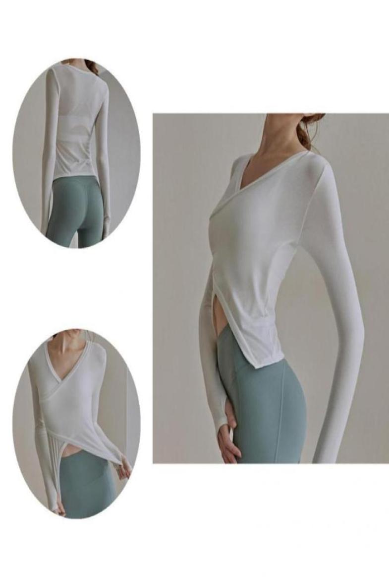 

Hunting TShirts Yoga Crop Top Pure Color Tshirt Irregular Hem Long Sleeve Fashion Cross Strap Tracksuit8633992, Yellow