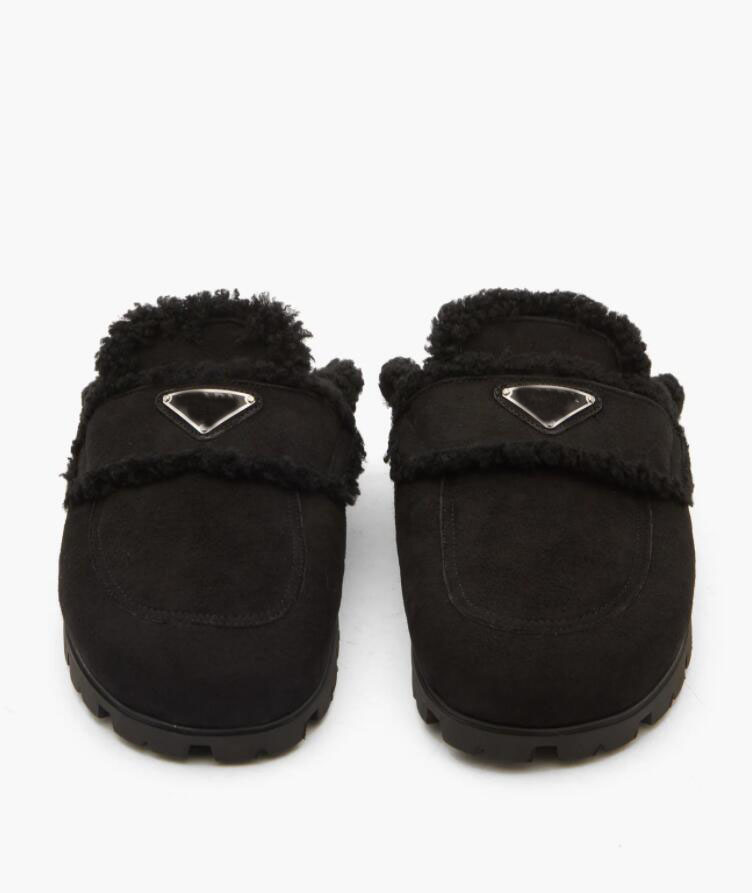 

23S Slippers Luxury Designer Flat Shoes Women's Triangle Sign Wool Open Back Lefu Shoes Lug Rubber Sole with Box 35-42