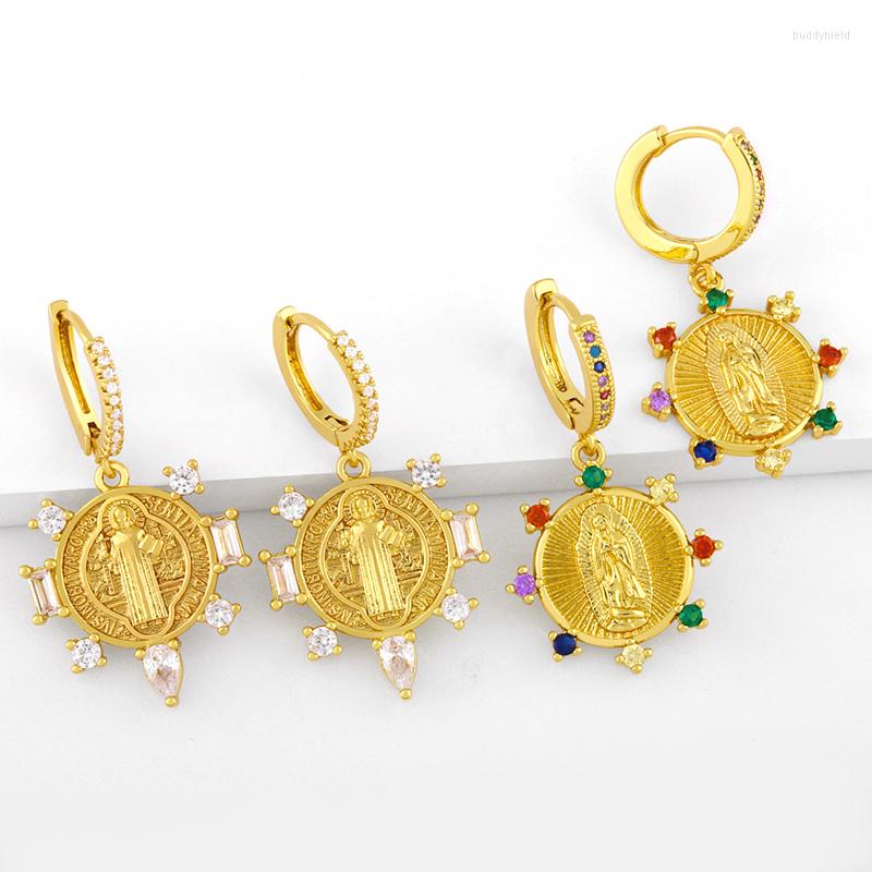 

Dangle Earrings FLOLA Gold Plated Virgin Mary For Women Drop CZ Zirconia Huggies Christian Jewelry Virgen De Guadalupe Ersw61