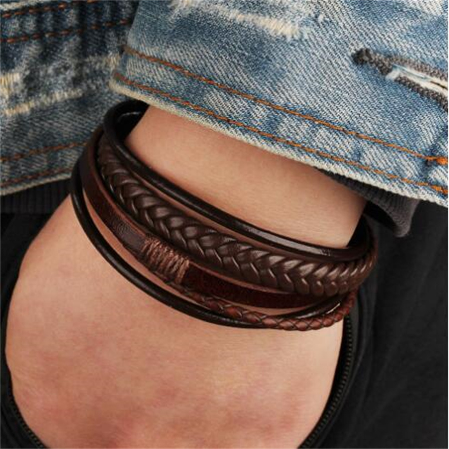 

European and American fashion leather woven bracelet alloy magnetic buckle men's bracelet AE788