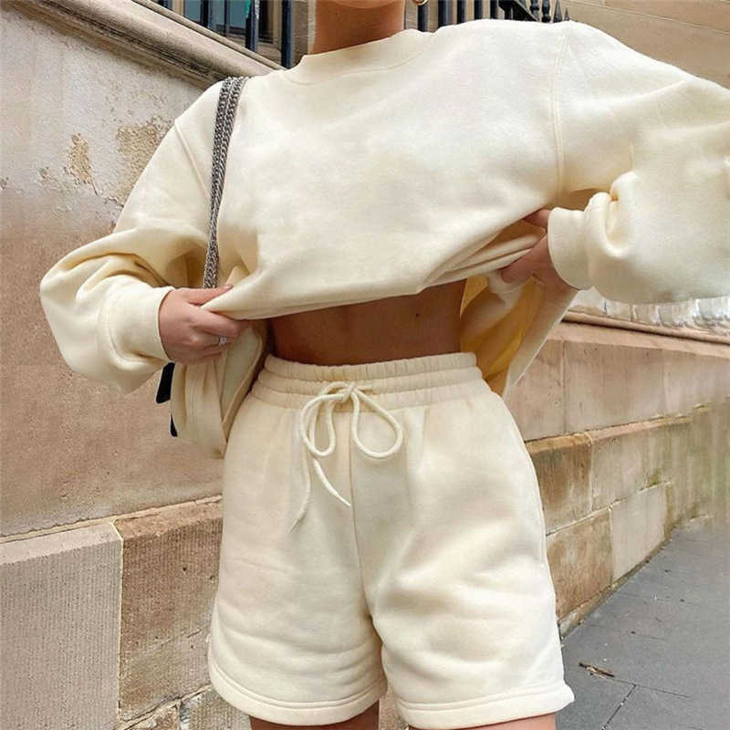 

New Streetwear Fashion Jogger Shorts and Long Sleeve Sweatshirt Sets Women 2 Piece Crop Top Set, Green
