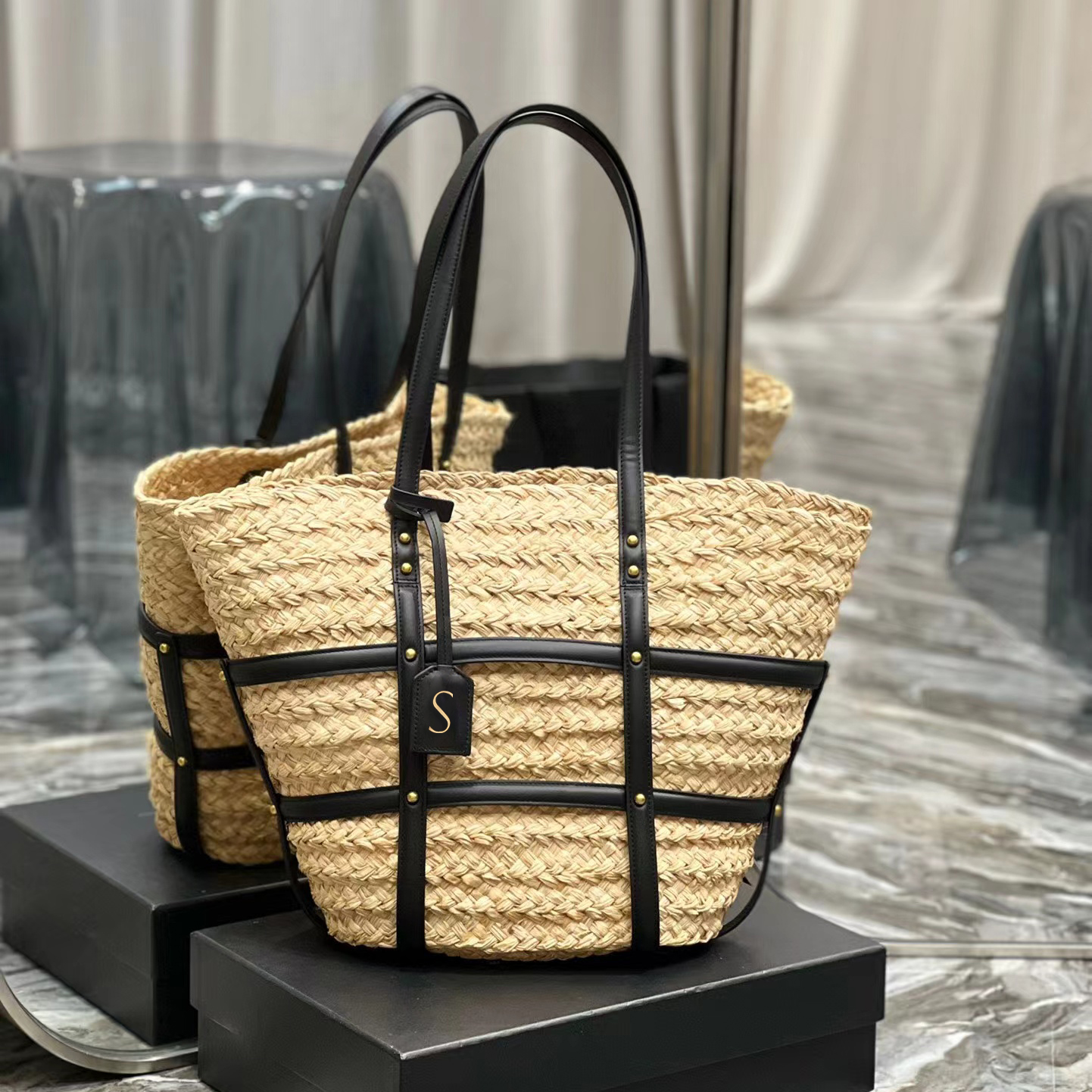 

white handbag summer Beach bag Women fashion luxury Rive Gauche tote basket bags mens purse clutch weave linen Shopper bags designer Bucket Crossbody Shoulder bag