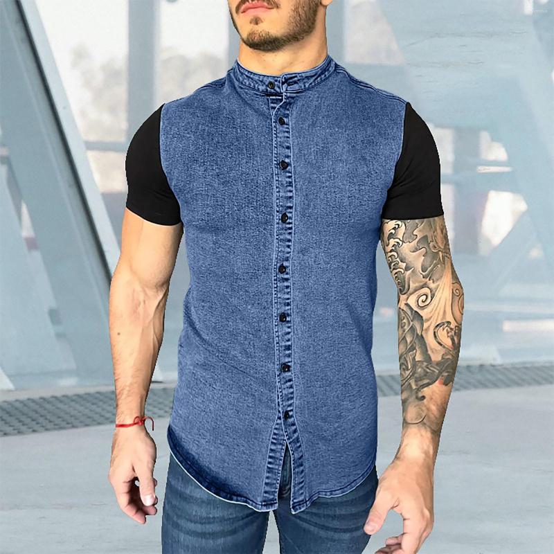 

Men's Casual Shirts Men's Solid Color Shirt Denim Splicing Short Sleeve Loose Printed Corduroy Button Up Men, Blue
