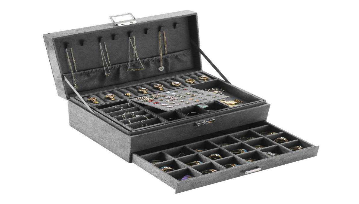 

AccessoriesJewelry Packaging amp New Grey 3 Layer Flannel Jewelry Organizer Box Necklaces Earrings Rings for Women Large Cap1240554