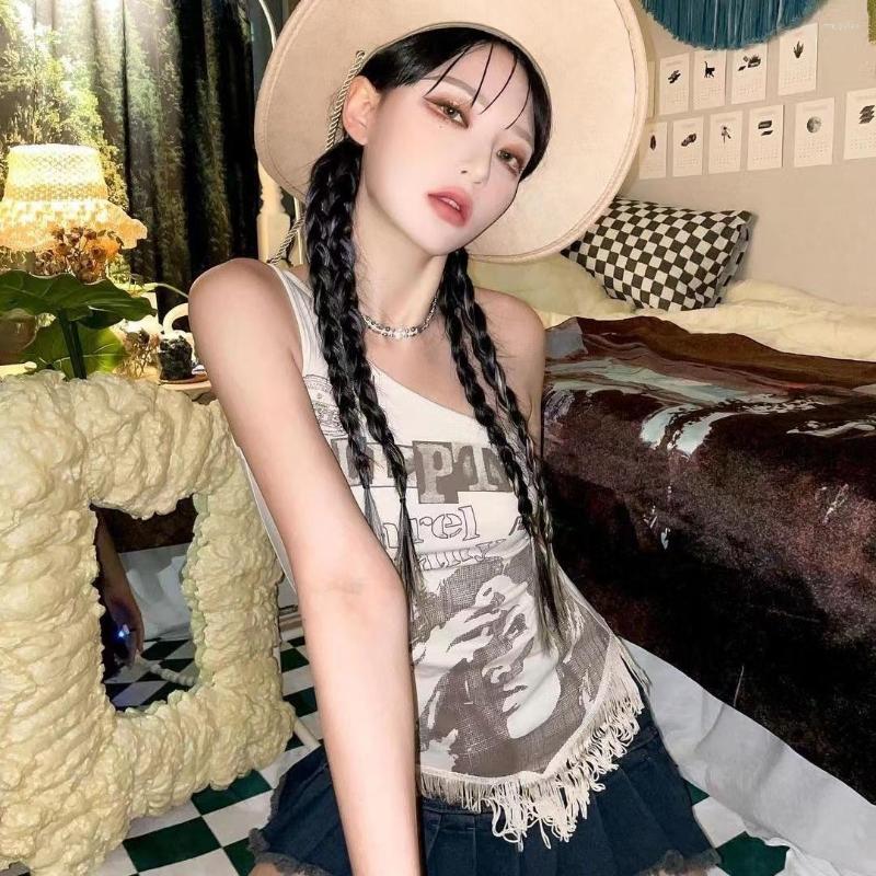 

Women' T Shirts Skew Collar Shirt Grunge Print Y2K Tees Tassel Vintage Irregular Sleeveless Tops Korean Fashion 90s Punk Style Vest Chic, Beige