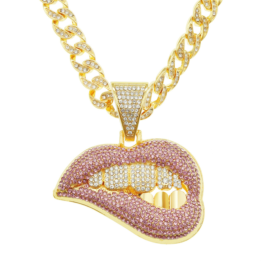 

necklace for mens chain cuban link gold chains iced out jewelry Personalized Pink Lip Diamond Teeth Pendant Necklace for Men