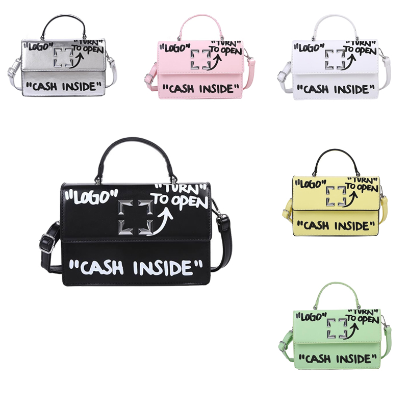 

off graffiti messenger bag for womens tote handbag Hobo Designer Small square Shoulder bag lady Genuine Leather satchel white purse Luxury Cross body clutch bags, Black