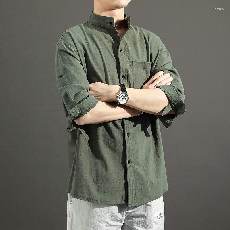 

Men's Casual Shirts Men Shirt Oversized Long Sleeve Linen Blouse Plus Size Three Quarter Solid Male Clothing, White