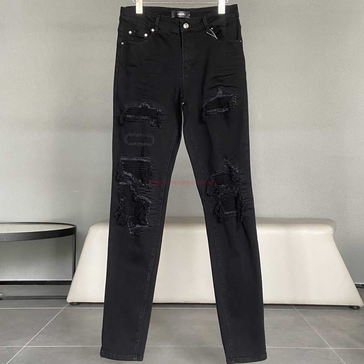 

Designer Clothing Amires Jeans Denim Pants Ins High Street Black Wash Destroyed Amies Jeans Fashion Brand Scraped Slim Leg Long Pants Man Distressed Ripped Skinny Mo