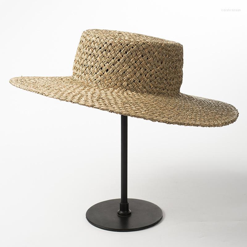 

Wide Brim Hats Spring Summer Hand-woven Seagrass Flat Top Straw Cap For Outdoor Travel Of Men And Women Sunscreen Beach Shade, Camel