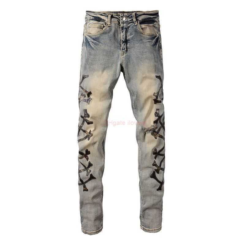 

Designer Clothing Amires Jeans Denim Pants Amies High Street Camouflage Bone with Leather Knife Cut Holes Washed Into Old Jeans Mens Ins Fashion Brand Leggings Distr, Picture color