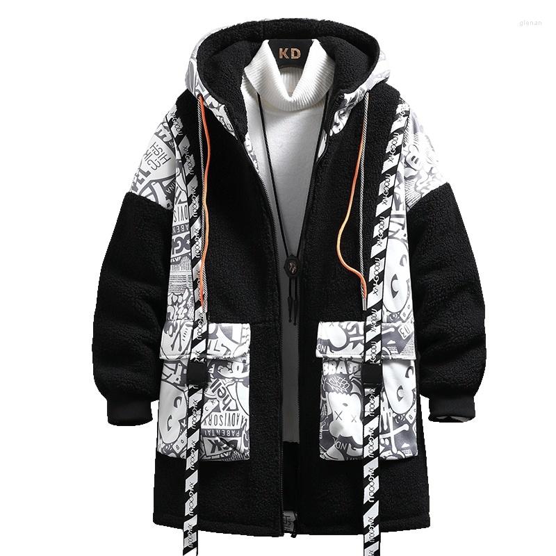 

Men's Trench Coats 2023 Men's Thickened Cotton-Padded Winter With Suede Splicing Mid-Length Hooded Hip Hop Jacket Warm Coat Male Drop, Black