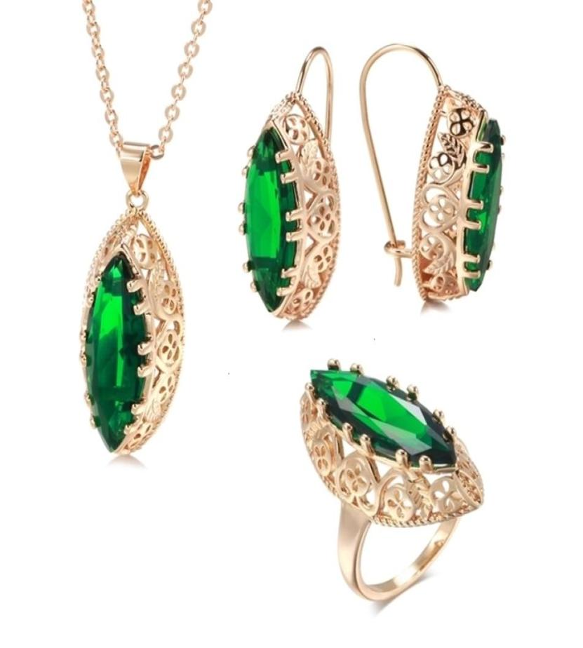 

Wedding Jewelry Sets Kinel 585 Rose Gold Ethnic Bride Necklace Earrings Ring Set Green Rhombus Natural Zircon Hollow Flower Vintag8294524