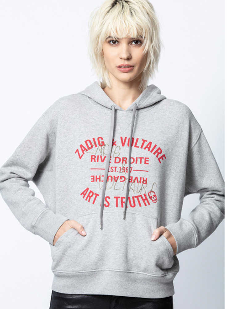 

Zadig Voltaire 23ss Designer Sweatshirt New Printing Hot Drill Fashion Hoods Loose Fleece Pure Cotton Grey Plush Women Sweater, Gray