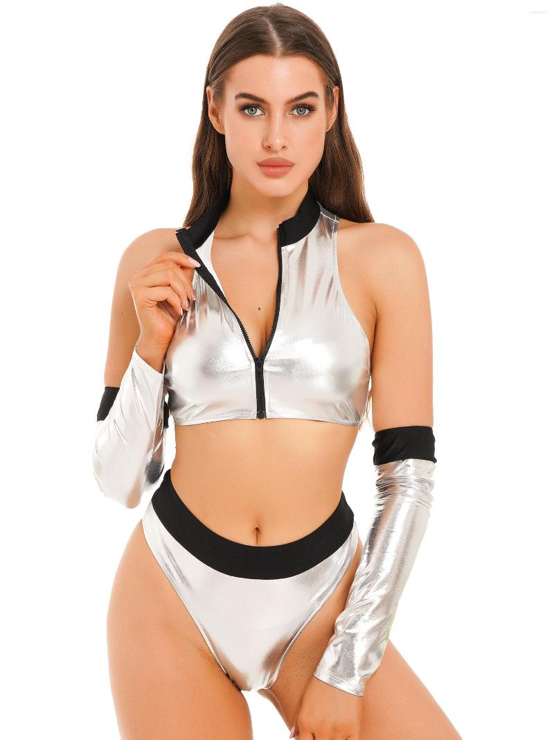 

Bras Sets Womens Sexy Lingerie Suit Zipper Stand Collar Sleeveless Crop Top Briefs With Gloves For Stage Performance Costume Ball Clubwear, Silver