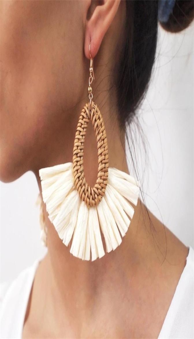 

Dangle Chandelier Handwoven geometric rattan raffia earrings women ins retro holiday fanshaped earrings female 2209161356825
