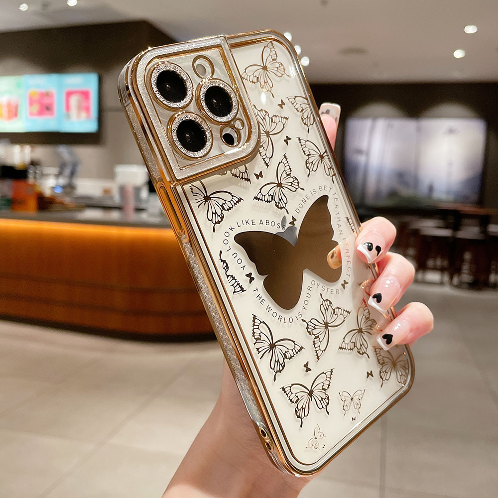 

Luxury Plating Glitter Rhinestones Relif Butterfly Clear Case For iPhone 14 Plus 13 12 11 Pro Max XS X XR 7 8 Lens Bumper Cover