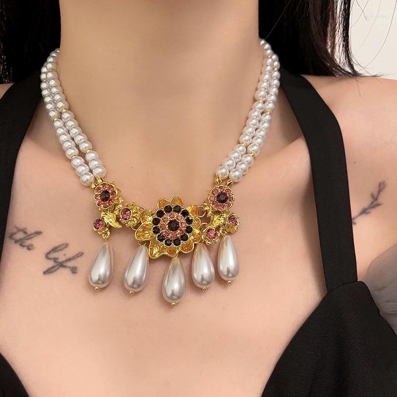 

Pendant Necklaces Women's Trendy Imitated Pearl Jewellery Charm Waterdrop Tassels Neck Chains Flower Double Layer Chain Necklace