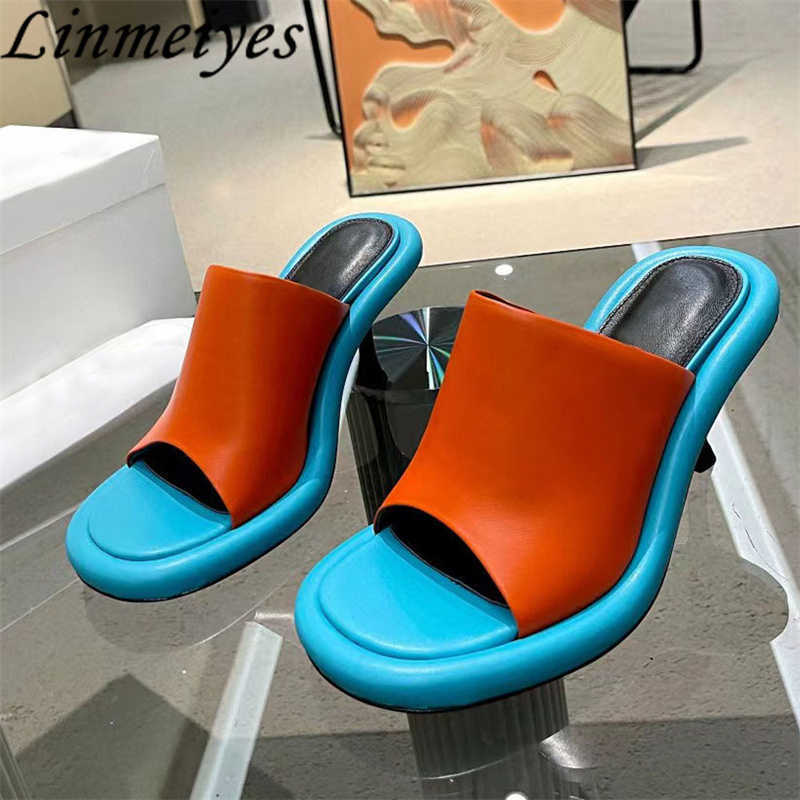 

Sexy High Heels Slippers Woman Leather Slides Peep Toe Crystal Mules Stiletto Sandals Women Summer 0524, Blue