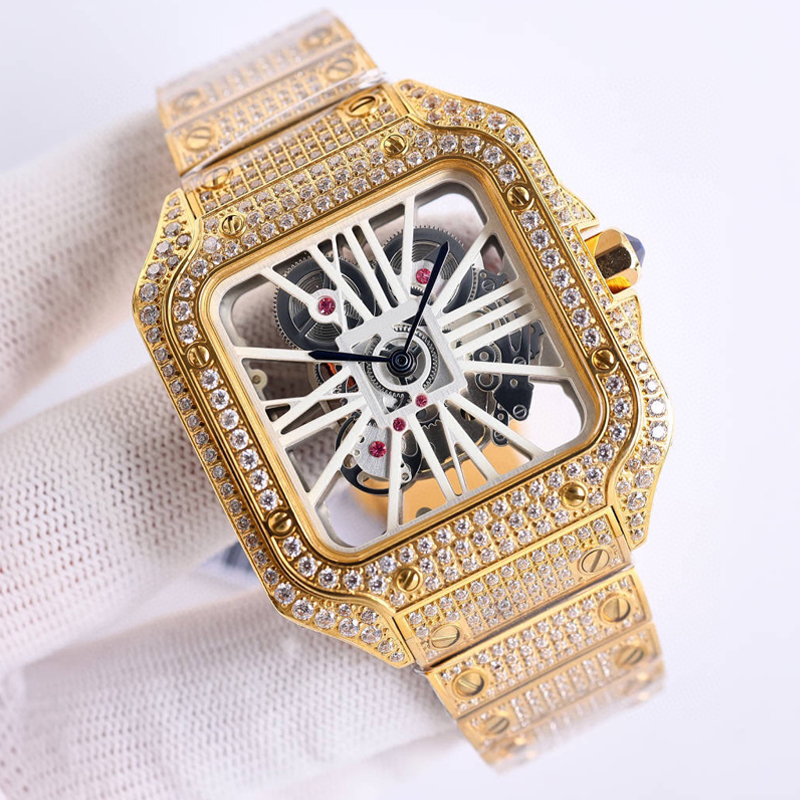 

2023 New Version Skeleton watch CZ Diamonds watches luxury square case Gold Quartz movement Top Men Luxury Full zirconia Iced Out Sapphire Watches with box, 04 watch with box