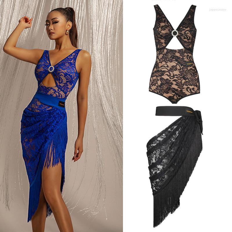 

Stage Wear Sexy Latin Dance Costume Lace Diamond Ring Cutout Top Apron Fringes Skirts Female Ballroom Competition Clothes SL6496, Blue skirt