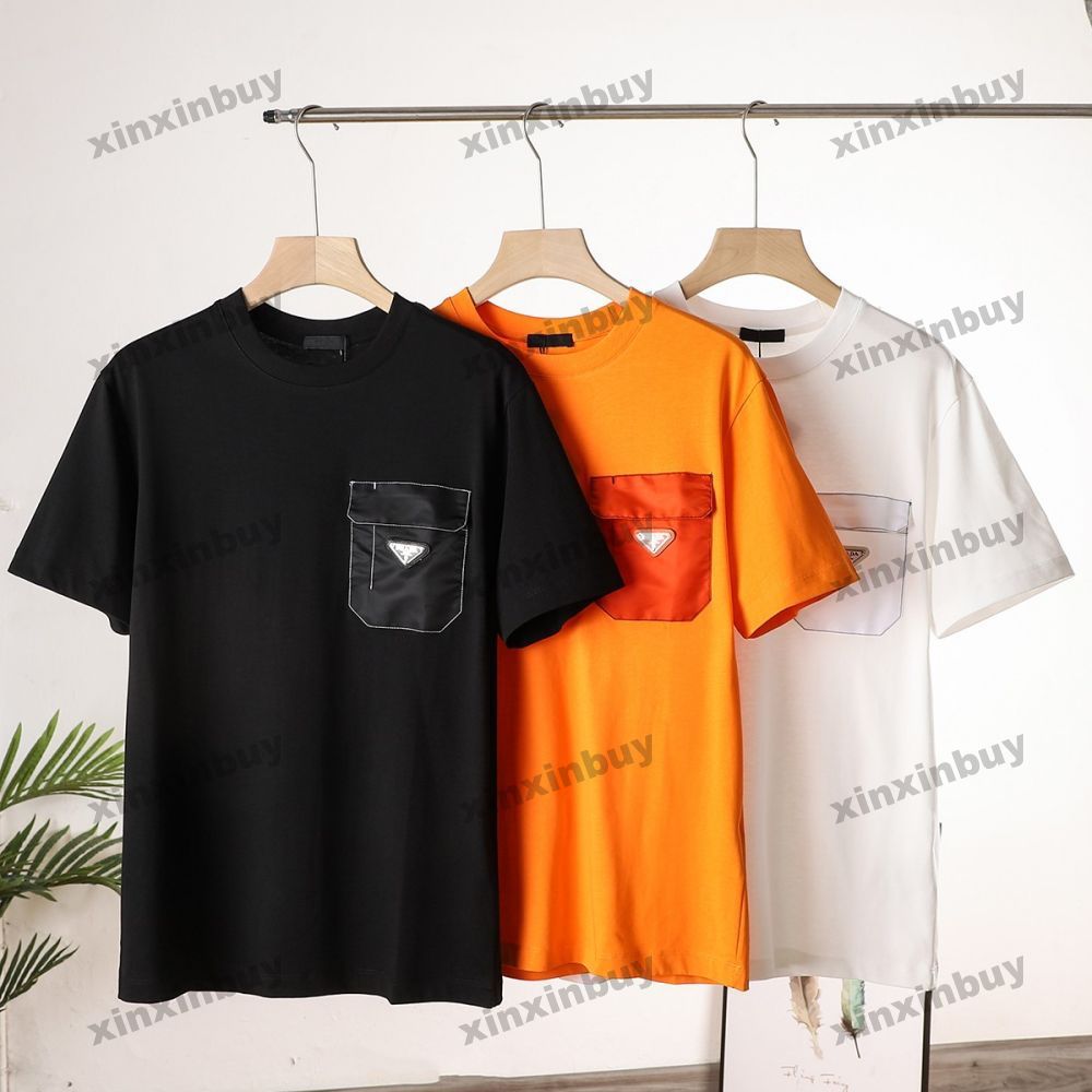 

xinxinbuy Men designer Tee t shirt 23ss Metal Triangle Label Pocket nylon short sleeve cotton women black white orange M-2XL