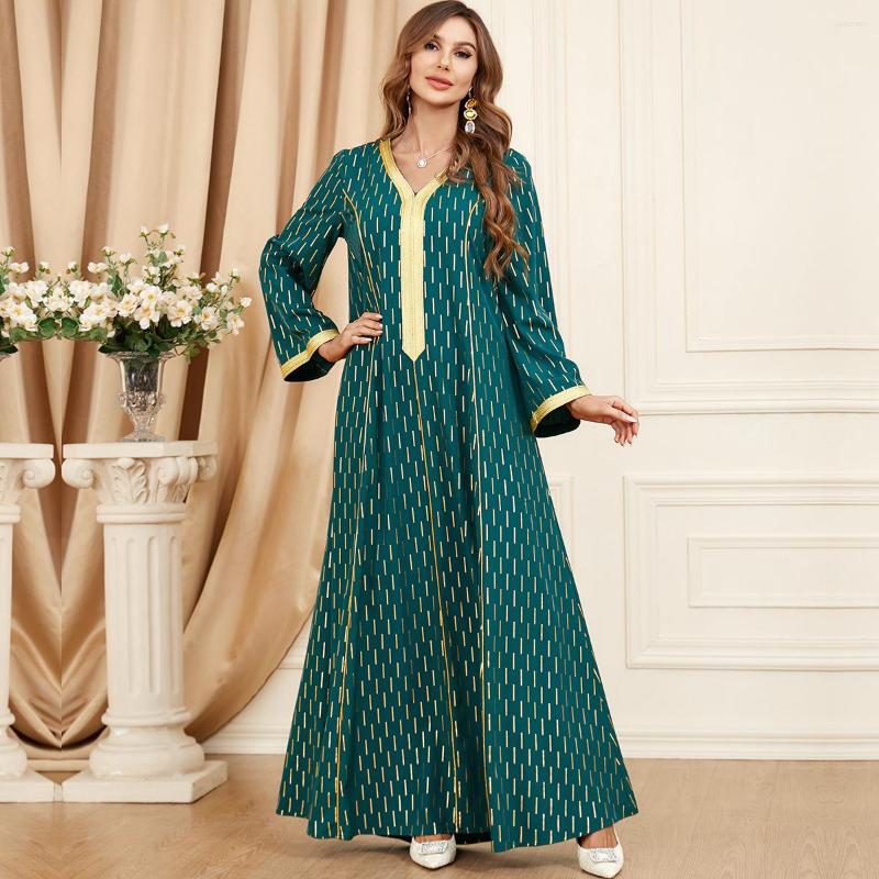 

Ethnic Clothing Abayas For Women Dubai Tape Bronzing Marocain Elegant Muslim Green Long Dress V-Neck Eid Party Islam Arabic Robe Clothes