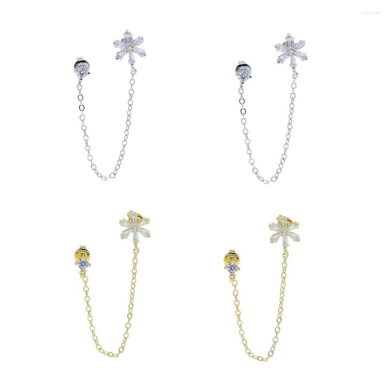 

Stud Earrings Romantic Tassel Chain Simple Prong Set CZ Dainty Cute Lovely Zirconia Flower Double Piercing Earring