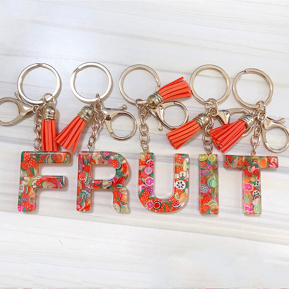 

Fashion Fruit Elements A-Z 26 Letters Resin Keychain With Tassel Women Initial Letter Key Ring For Girls Handbag Ornaments