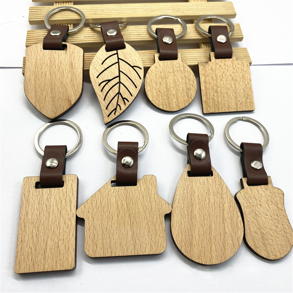 

Blank Wood PU Leather Key Chains Keychain Keys Bag Pendant Keychain For Women Couple Jewelry Engraving DIY Accessories Gift