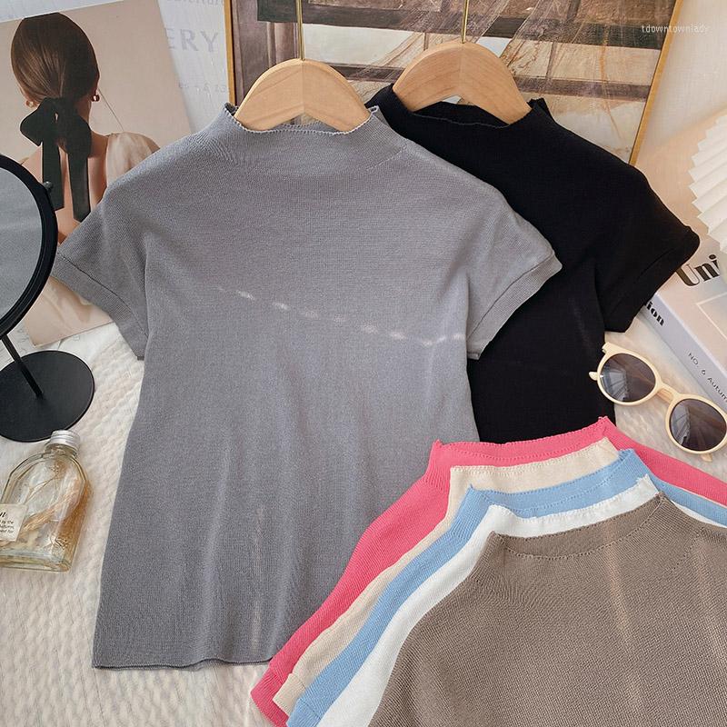 

Women's T Shirts T-shirts For Women Knitted Half High Collar Tshirt Female Korean Fashion Shirt Solid Color Tees Summer Almighty Dropship, Black