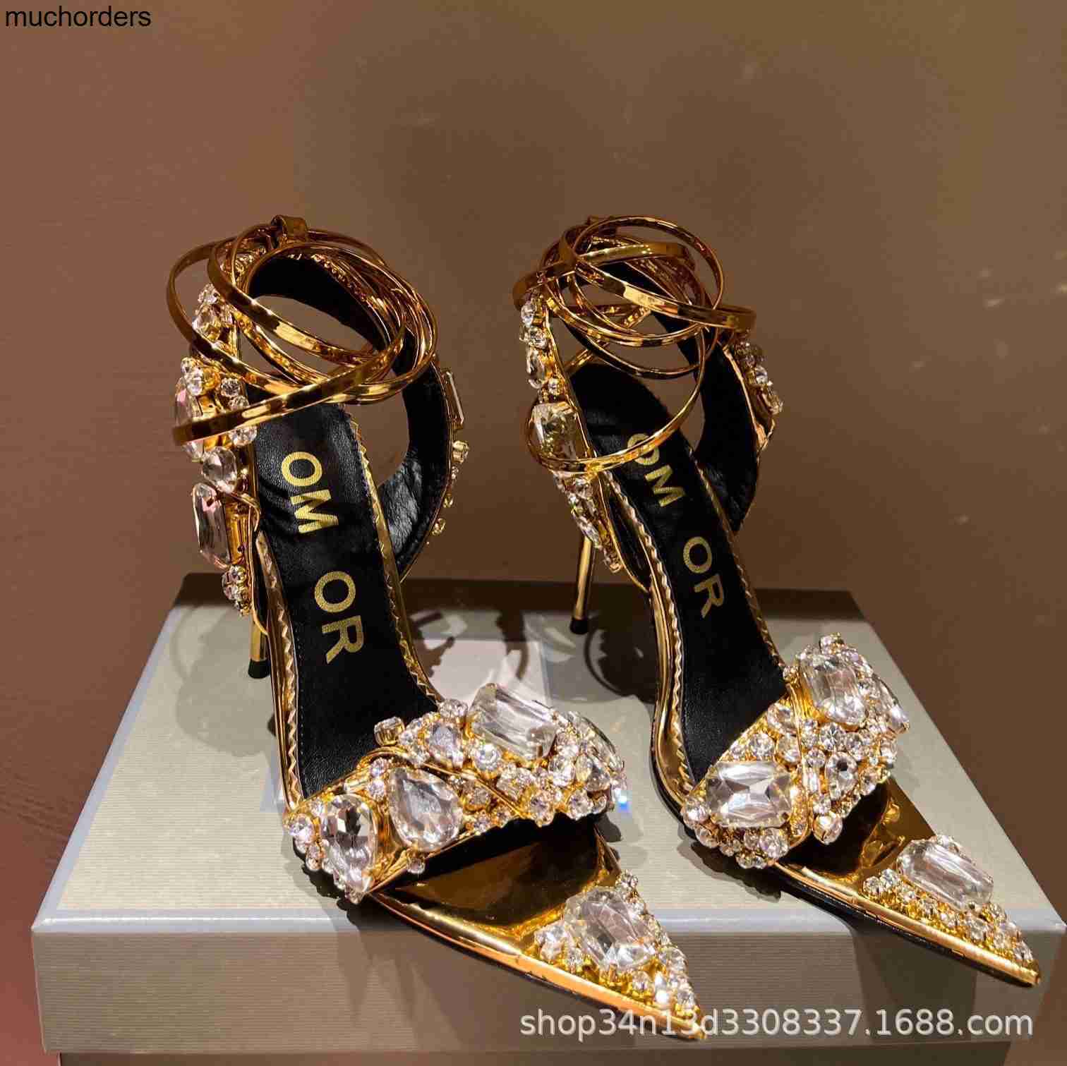 

Guangzhou 2023 Spring/Summer New Super High Heel Sandals Women's Luxury Full Diamond Lacing Thin Heel Pointed Open Toe Women's Shoes, Gold2