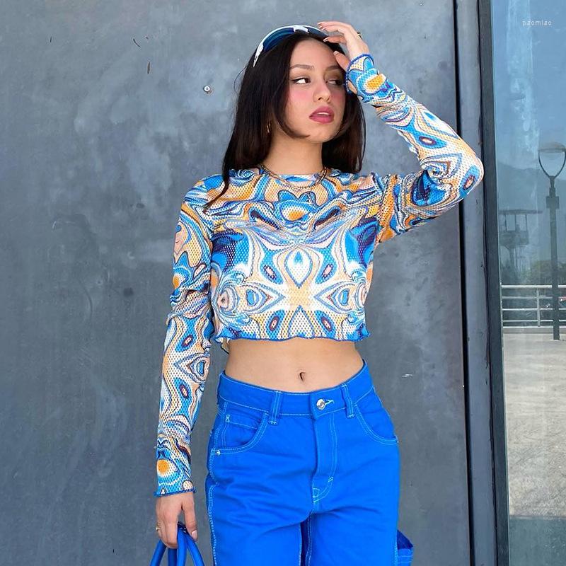 

Women' T Shirts Y2k Frill Mesh Sheer Crop Top Long Sleeve Abstract Printed Blue Graphic Streetwear Women Clothes, Beige