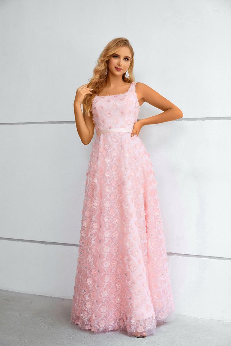 

Party Dresses Princess Pink A Line Prom Dress 3D Flower Sleeveless Tulle Graduation Strapless Floor Length Lace-up Evening Gowns, Same as picture